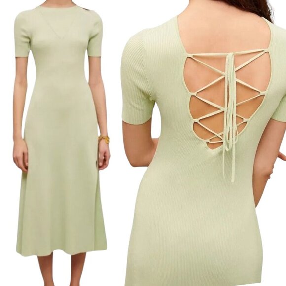 Maje Ribbed Knit Green Midi Scoop Tie Back Dress